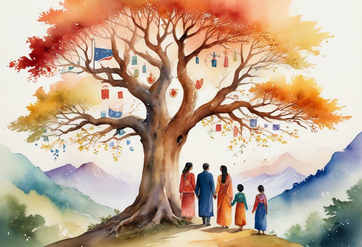 A captivating family tree with intricate branches representing various ancestral lines, adorned with symbols of different cultures such as traditional attire, artifacts, and flags. At the base, a diverse family gathered around a beautifully illustrated tree, sharing stories and memories, radiating warmth and connection. The background features a watercolor landscape symbolizing heritage, with vibrant colors that evoke a sense of history and unity. watercolor. vibrant colors. soft focus.