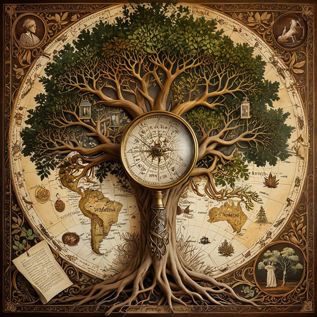 A mesmerizing family tree branching out against an ancient world map, adorned with photographs of diverse ancestors from various cultures and eras, intertwined with DNA strands and historical artifacts. Soft golden light emanates from the tree, illuminating each photo while a magnifying glass hovers over a section of the map. The background features intricate patterns of leaves and roots, symbolizing deep connections and history. vintage style. warm tones.