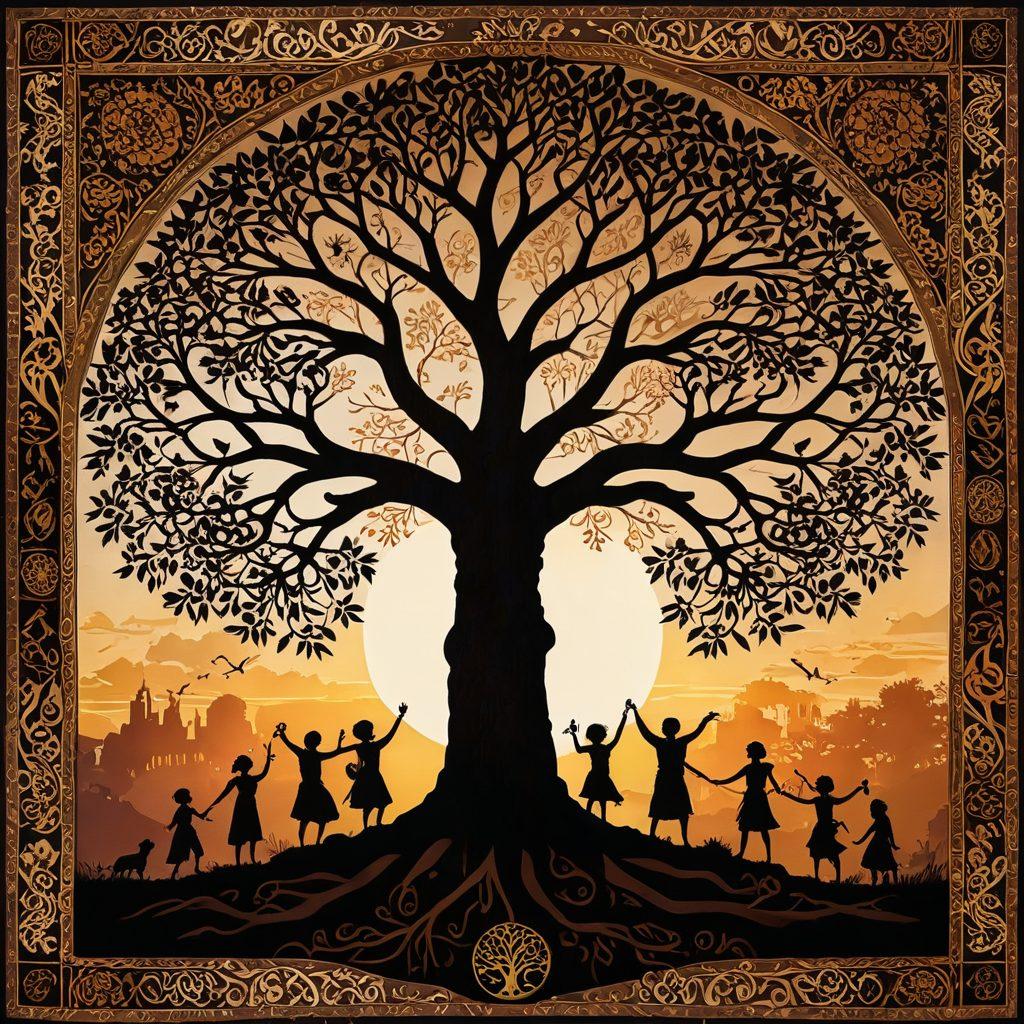 An intricate tree of life with intertwining roots and branches, each depicting different cultural symbols and bloodlines from various regions of the world. Surrounding the tree, an ethereal backdrop showcasing ancient maps, historical artifacts, and cultural motifs, blending seamlessly in warm earth tones. Include silhouettes of diverse people celebrating their heritage at the base of the tree. artistic realism. warm colors. detailed textures.